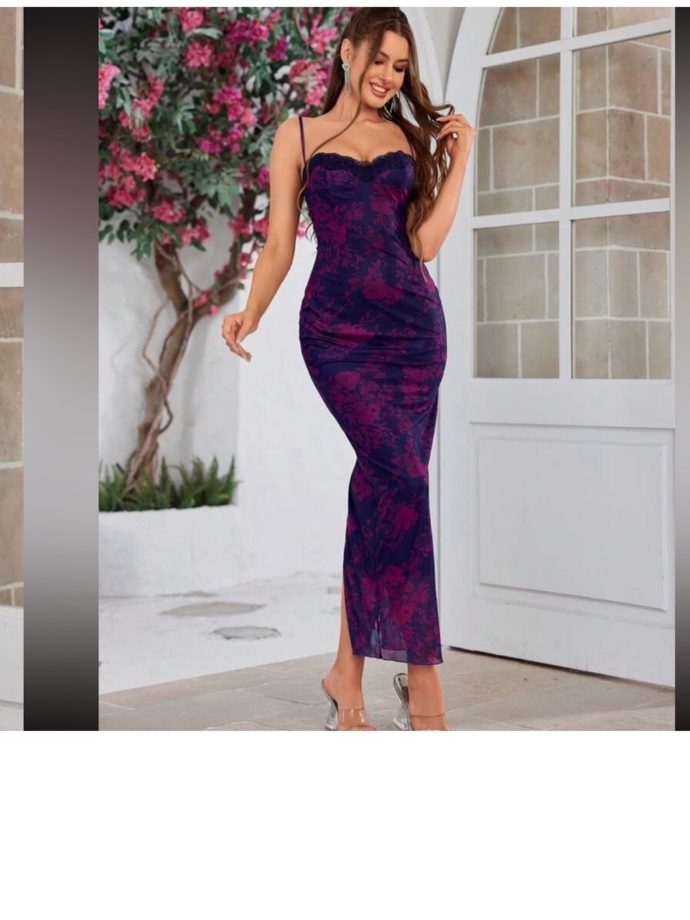New Lace Up Split Thigh Floral Print Mesh Slip Dress